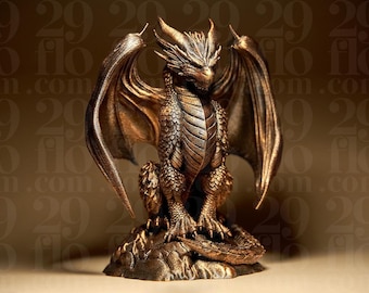 Escultura de dragón majestuosa | Estatua de dragón de fantasía | Guardián de mazmorras | Criatura mítica | Arte en bronce | Regalo para gamers