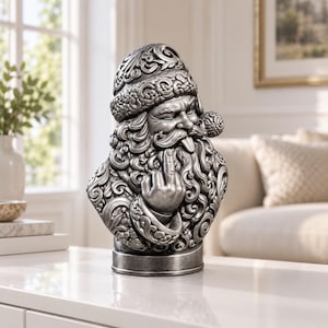 Pode incluir: Um busto de tom prateado de uma figura barbuda usando um chapéu com padrões intrincados de volutas. A figura tem uma expressão brincalhona com a língua de fora e faz um gesto com a mão com o dedo médio levantado.