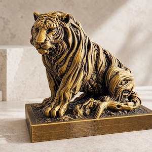 Può includere: Una statuetta di tigre color oro in posizione seduta, caratterizzata da intricate e fluide texture scolpite su tutto il corpo. La tigre è montata su una base rettangolare dai bordi scuri con una superficie ruvida e un volto molto dettagliato.