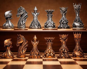 May include: A set of twelve chess pieces arranged in two rows on a checkered board. The top row features six silver-toned pieces with intricate, organic, lattice-like structures, while the bottom row displays six matching pieces in a bronze finish.