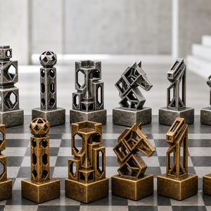 Könnte beinhalten: Ein Schachspiel mit geometrischem Open-Frame-Design. Das Set enthält silber- und bronzefarbene Figuren, die jeweils auf einem quadratischen Sockel stehen. Die Formen umfassen stilisierte Türme, Springer, Läufer und Bauern mit filigranen Ausschnitten.