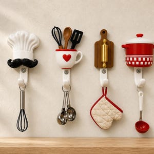 May include: Four decorative wall hooks featuring kitchen-themed designs: a white chef hat with a black mustache, a white cup with a red heart containing utensils, a brown cutting board with a gold rolling pin, and a red and white checkered pot.