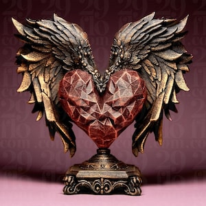 Könnte beinhalten: Eine dekorative Skulptur mit einem roten, facettierten Herzen mit bronzefarbenen Flügeln. Das Herz sitzt auf einem detaillierten Sockel mit Verzierungen. Die Flügel sind eine Mischung aus Bronze- und Goldtönen.