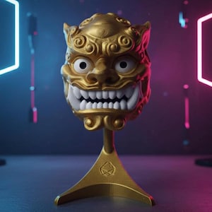 May include: A gold-colored decorative sculpture of a mythical creature's head with sharp teeth and a detailed design. The sculpture is mounted on a gold stand with a triangular base. The background has neon lights.
