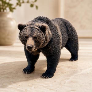 Könnte beinhalten: Eine detaillierte Grizzlybär-Figur mit dunkelbraunem Fell, einer helleren beigen Schnauze und strukturiertem Fell. Der Bär ist in stehender Position dargestellt, mit sichtbaren Krallen an den Pfoten und realistischen anatomischen Details.