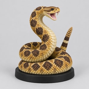 Puede incluir: Una figura de serpiente de cascabel enroscada con un patrón de escamas texturizado en tonos beige, crema y marrón oscuro. La serpiente se muestra con la boca abierta, revelando colmillos y un interior rosado, y la cola levantada con cascabel.