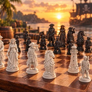 Könnte beinhalten: Ein Schachspiel mit Piratenmotiven, bestehend aus detaillierten Figuren von Kapitänen, Besatzungsmitgliedern, Pferden und Leuchttürmen. Die Figuren sind in hellen Cremetönen und Dunkelbraun gehalten und auf einem Holzbrett platziert.