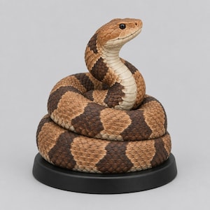 May include: A coiled snake figurine featuring a textured scale pattern in shades of brown and tan. The snake has a cream-colored underbelly and a raised head with dark eyes, mounted on a circular black base. The sculpture displays detailed markings.