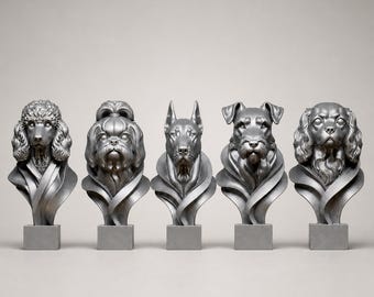 Set di 5 busti di cani: barboncino, shih tzu, dobermann, schnauzer e spaniel | Prodotto in Germania
