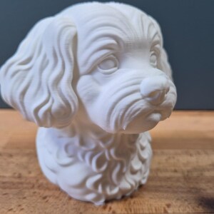 Puede incluir: Un busto de perro impreso en 3D de color blanco con pelo largo, ondulado y texturizado alrededor de las orejas y el cuello. La escultura presenta un hocico detallado, ojos definidos y un acabado liso, capturando la cabeza y el pecho del can.