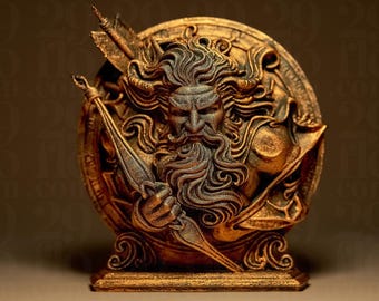 May include: A detailed, bronze-colored sculpture of a bearded figure with a stern expression, holding a bow and arrow. The figure is set against a circular backdrop with ornate detailing. The sculpture has a textured finish and is mounted on a decorative base.