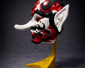 Máscara de pared Tengu con soporte: decoración de mitología japonesa para mesa y pared