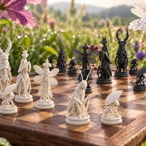 Könnte beinhalten: Ein Schachspiel mit kunstvoll geformten insektenförmigen Figuren in kontrastierenden Creme- und Schwarztönen. Das Set enthält verschiedene Käfer-, Gottesanbeterinnen- und Ameisenfiguren, die auf einem polierten, glänzenden Holzschachbrett stehen.