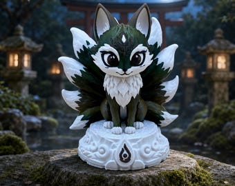Kitsune – Nine-tailed Fox on Decorative Base | Fantasy Sculpture in 2 Color Variations | Made in Germany
