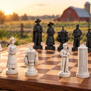 May include: A chess set featuring farm-themed pieces in white and black. The pieces include figures of farmers, a tractor, and a grain silo. The white and black chess pieces are arranged on a wooden chessboard with a rural farm landscape background.