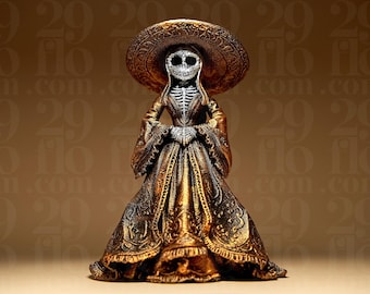 Day of the Dead figurine skeleton lady with dress and hat – Halloween decoration Mexico