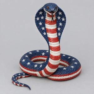 Puede incluir: Una figura decorativa de cobra con un patrón de escamas texturizadas pintado con el diseño de la bandera estadounidense. La serpiente está en una postura erguida con capucha, cabeza azul adornada con estrellas blancas y rayas horizontales.