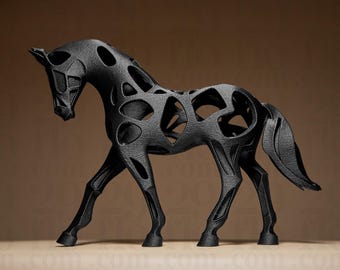 Escultura de caballo hueco | Figura de caballo negra impresa en 3D | Escultura de diseño abstracto de la Serie Negra