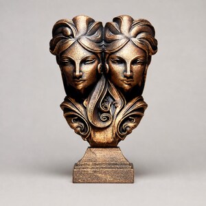 Op de afbeelding: Een bronskleurig beeldhouwwerk met twee samengevoegde gezichten, gestileerd naar achteren gekamd haar en complexe kruldetails aan de basis. Het object staat op een vierkante voet en heeft een metallic afwerking met donkere accenten in de groeven.