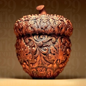 Puede incluir: Un recipiente detallado en forma de bellota, de color bronce. El recipiente presenta intrincados patrones florales y de volutas en relieve en su superficie. La parte superior tiene un pequeño tallo, y el diseño sugiere un artículo decorativo u ornamental. Medidas en centímetros.