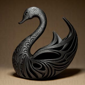 Könnte beinhalten: Eine schwarze Schwanskulptur mit aufwendigen, wirbelnden Mustern, die in ihren Körper geschnitzt sind. Der Hals des Schwans ist anmutig gebogen, und seine Flügel sind teilweise geöffnet, wodurch ein dekoratives und künstlerisches Stück entsteht. Die Skulptur besteht aus dunklem Material.