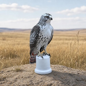 May include: A detailed hawk figurine featuring black and white speckled plumage, a white chest, and a reddish-brown tail pattern. The bird is perched atop a solid white cylindrical stand, showcasing sharp talons and a focused, forward-facing gaze.