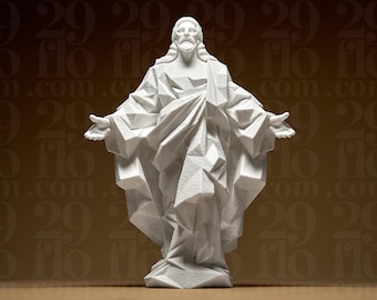 Estatua geométrica de Jesús | Figura geométrica moderna de Cristo | Escultura blanca impresa en 3D | Arte poligonal | Decoración minimalista