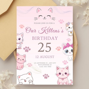 Kitten Birthday Invitation, Editable Pink Kitty Cat Birthday Invitation, Cute Kitty Birthday Invitation, Cute Pink Birthday Theme, instant