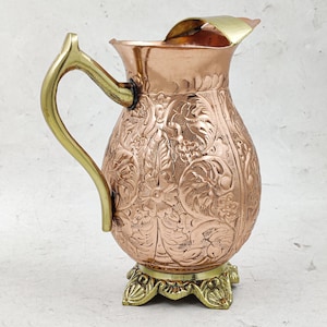 Vintage Embossed Copper Pitcher with Brass Handle & Base – Ornate Floral Jug – Antique Decorative Water Pitcher
