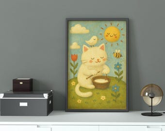 Schattige kat digitale kunst afdrukbare, grillige kinderkamer muurdecoratie met lachende zon, vogel en bij. Illustratie direct downloaden. Hoge kwaliteit png-bestand