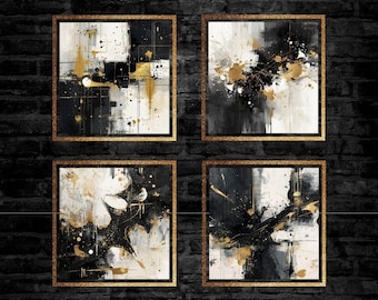 Abstract Wall Art. Printable Home Decor. Modern Black White Gold Art Instant Download. High Quality jpg. Pack of 4.