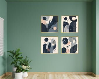 Minimalist Abstract Art Printable Set of 4, Modern Neutral Gallery Wall Digital Download Botanical Prints for Living Room or Office. JPG