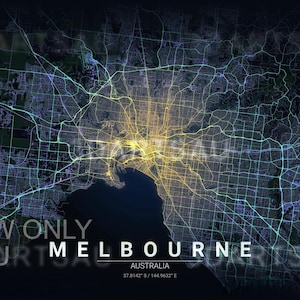 May include: A digital map of Melbourne, Australia, with illuminated roads and city lights. The image features a dark background with the city's name and coordinates. Text on the image reads "PREVIEW ONLY" and "3DArtsAUR".
