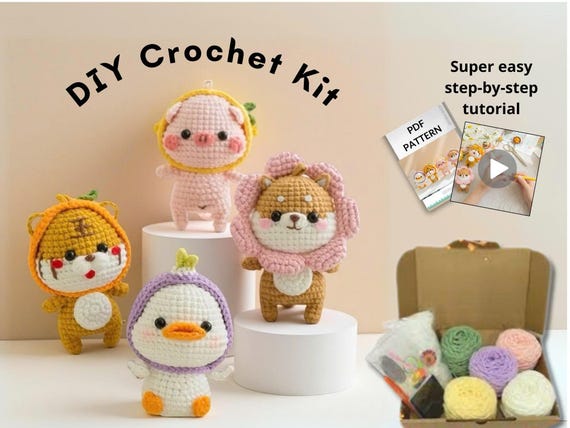 DIY Crochet Amigurumi Kit: Beginner Animal Toy with Yarn & Tutorial (PDF Pattern