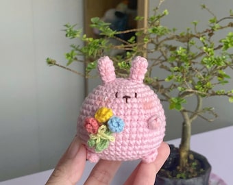 Chubby Bunny Keychain with Flowers – Handmade Amigurumi Crochet Plush Bag Charm Cute Rabbit Toy