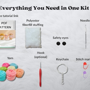 Puede incluir: Kit de manualidades para crear amigurumis. Incluye un patr&oacute;n PDF, ovillos de lana de colores, relleno de fibra de poli&eacute;ster, ojos de seguridad, una aguja, marcadores de punto, un llavero y un ganchillo (opcional).