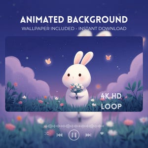 Puede incluir: Un fondo animado con un lindo conejito blanco sosteniendo flores, ambientado en una escena nocturna caprichosa con mariposas y flores. El texto dice "ANIMATED BACKGROUND" y "4K HD LOOP". Fondo de pantalla incluido.
