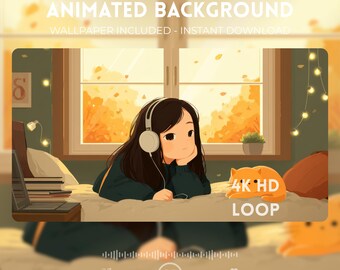Sfondo animato Cozy Girl, camera da letto autunnale LoFi 4K Loop (download digitale)