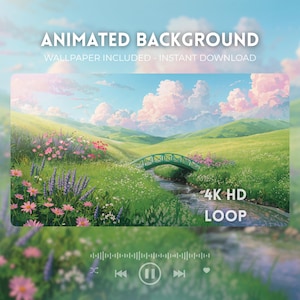 May include: An animated digital background featuring a lush green meadow with a small stream, a green arched bridge, and pink and purple wildflowers under a blue sky with soft clouds. Text reads ANIMATED BACKGROUND, WALLPAPER INCLUDED, 4K HD LOOP.