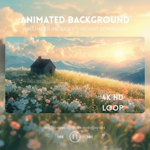 Puede incluir: Un fondo animado que presenta un paisaje sereno con una pequeña casa de piedra en una colina cubierta de flores silvestres. El texto dice "ANIMATED BACKGROUND" y "WALLPAPER INCLUDED - INSTANT DOWNLOAD". La imagen también incluye "4K HD LOOP".