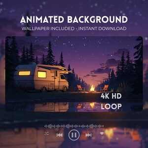 Könnte beinhalten: Animierter Hintergrund mit einem Wohnwagen am Lagerfeuer unter einem sternenklaren Nachthimmel. Der Text "ANIMATED BACKGROUND" und "4K HD LOOP" ist enthalten. Die Szene spielt in einem Wald mit Bäumen und einem See.