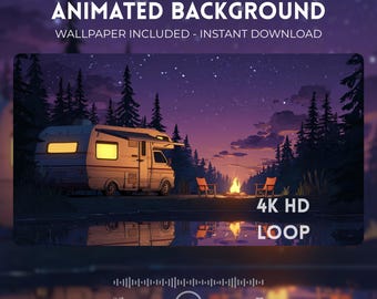 Animated Background Campfire 4K Wallpaper, Cozy Camper Van, Starry Night (Digital Download)