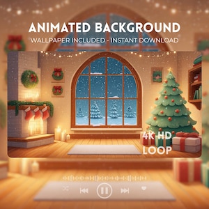 May include: Animated background image with a cozy Christmas scene. A decorated Christmas tree, fireplace with stockings, and a large window overlooking a snowy landscape. The text "Animated Background" and "Wallpaper Included - Instant Download" are visible.