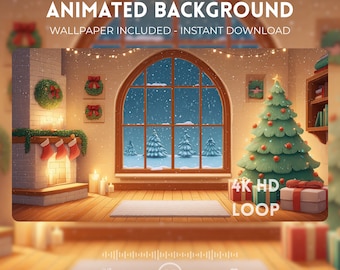 May include: Animated background image with a cozy Christmas scene. A decorated Christmas tree, fireplace with stockings, and a large window overlooking a snowy landscape. The text "Animated Background" and "Wallpaper Included - Instant Download" are visible.