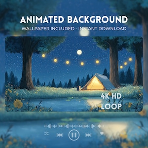 Può includere: Immagine di sfondo animata con una scena di campeggio notturna. Una tenda si illumina sotto un cielo stellato, con una luna piena e luci a corda. Il testo recita "ANIMATED BACKGROUND" e "WALLPAPER INCLUDED - INSTANT DOWNLOAD".