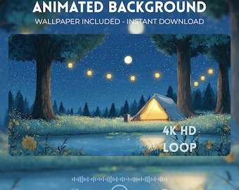 Animated Background Cozy Camp Night, 4K LoFi Wallpaper (Digital Download)