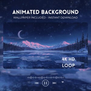 Può includere: Immagine di sfondo animata con un paesaggio invernale con una luna a mezzaluna, montagne innevate e un lago ghiacciato. Il testo include "Animated Background" e "4K HD Loop."