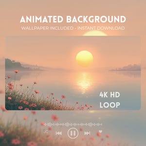 Op de afbeelding: Geanimeerde achtergrondafbeelding met een zonsopgang boven een kalm meer, met roze bloemen op de voorgrond. De tekst "ANIMATED BACKGROUND" en "4K HD LOOP" worden weergegeven. Inclusief een wallpaper en direct downloaden.