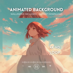 Puede incluir: Un fondo digital animado con un personaje de estilo anime de cabello rojizo y auriculares contra un cielo suave color melocotón y azul. El texto dice ANIMATED BACKGROUND, WALLPAPER INCLUDED - INSTANT DOWNLOAD y 4K HD LOOP.