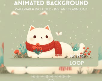 Könnte beinhalten: Animierter Hintergrund mit einer weißen Katze mit rotem Schal und Blumen. Der Text "ANIMATED BACKGROUND" und "WALLPAPER INCLUDED - INSTANT DOWNLOAD" ist enthalten. Ein Schmetterling und Schneeflocken sind ebenfalls vorhanden.